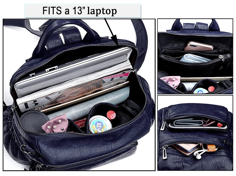 UTO حقيبة ظهر نسائية من UTO، جلد نباتي، حقيبة مصممة للأزياء، حقيبة سفر قابلة للتحويل مع حمالة كتف، باللون الأزرق مع زخرفة - Image 5